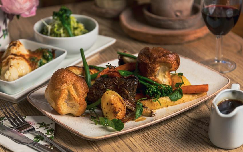 Close up shot of a sunday dinner at David Austin roses