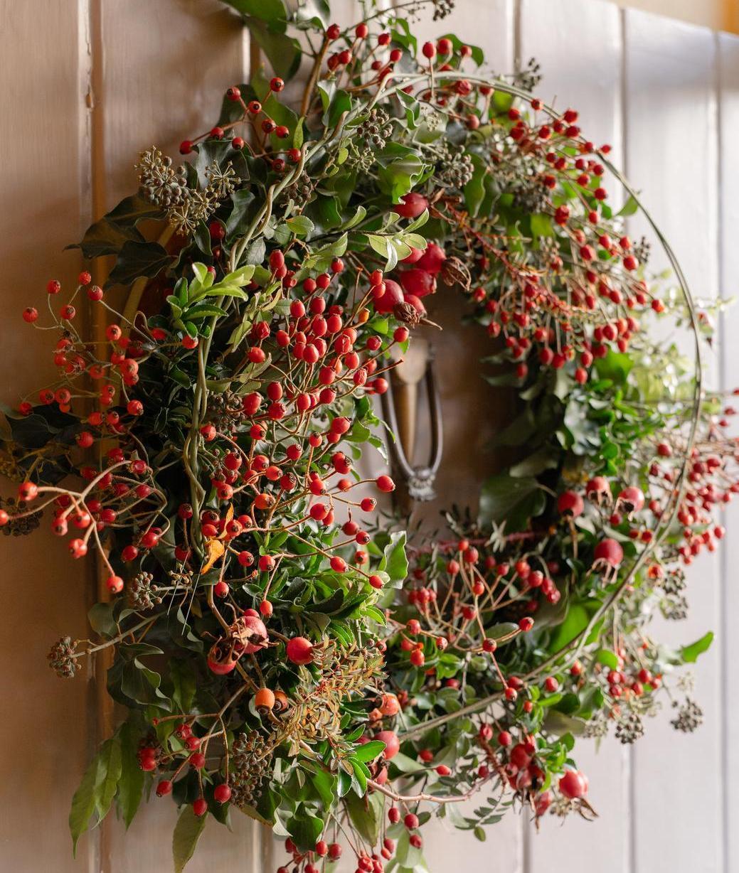 Red rose hip wreath hanging on a door