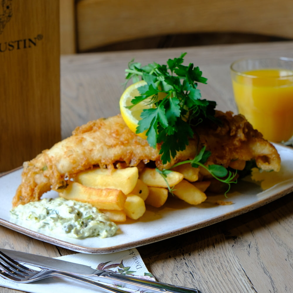 Close up shot of fish and chips served at  the David Austin restaurant